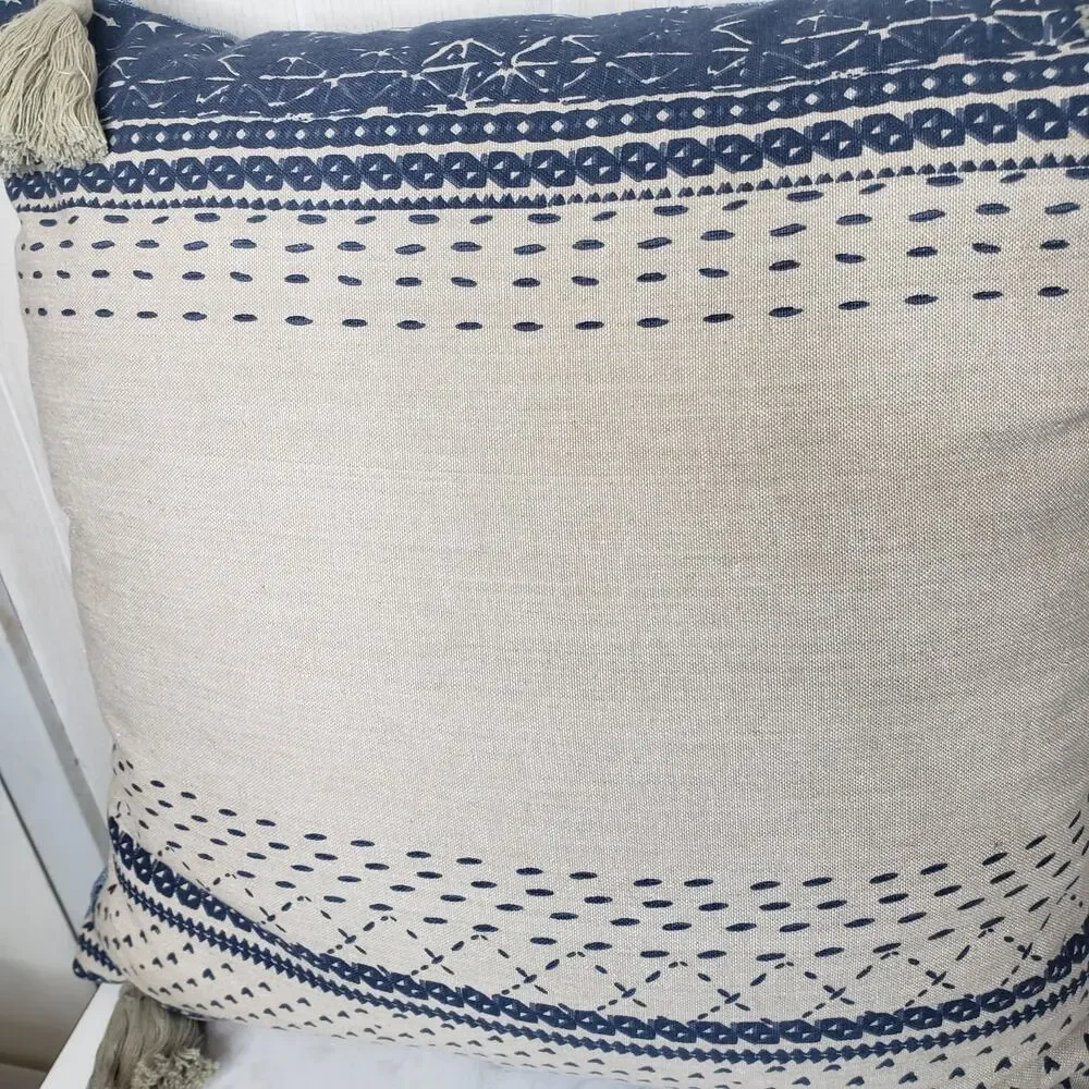 Carol& Frank blue and cream tassel striped printed decorative throw pillow 18X18